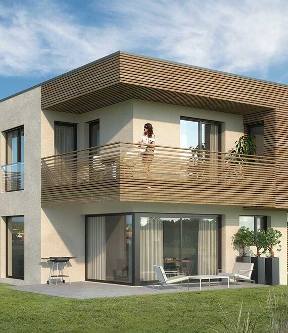 Visualisierung zeigt Seitenansicht des Hauses.