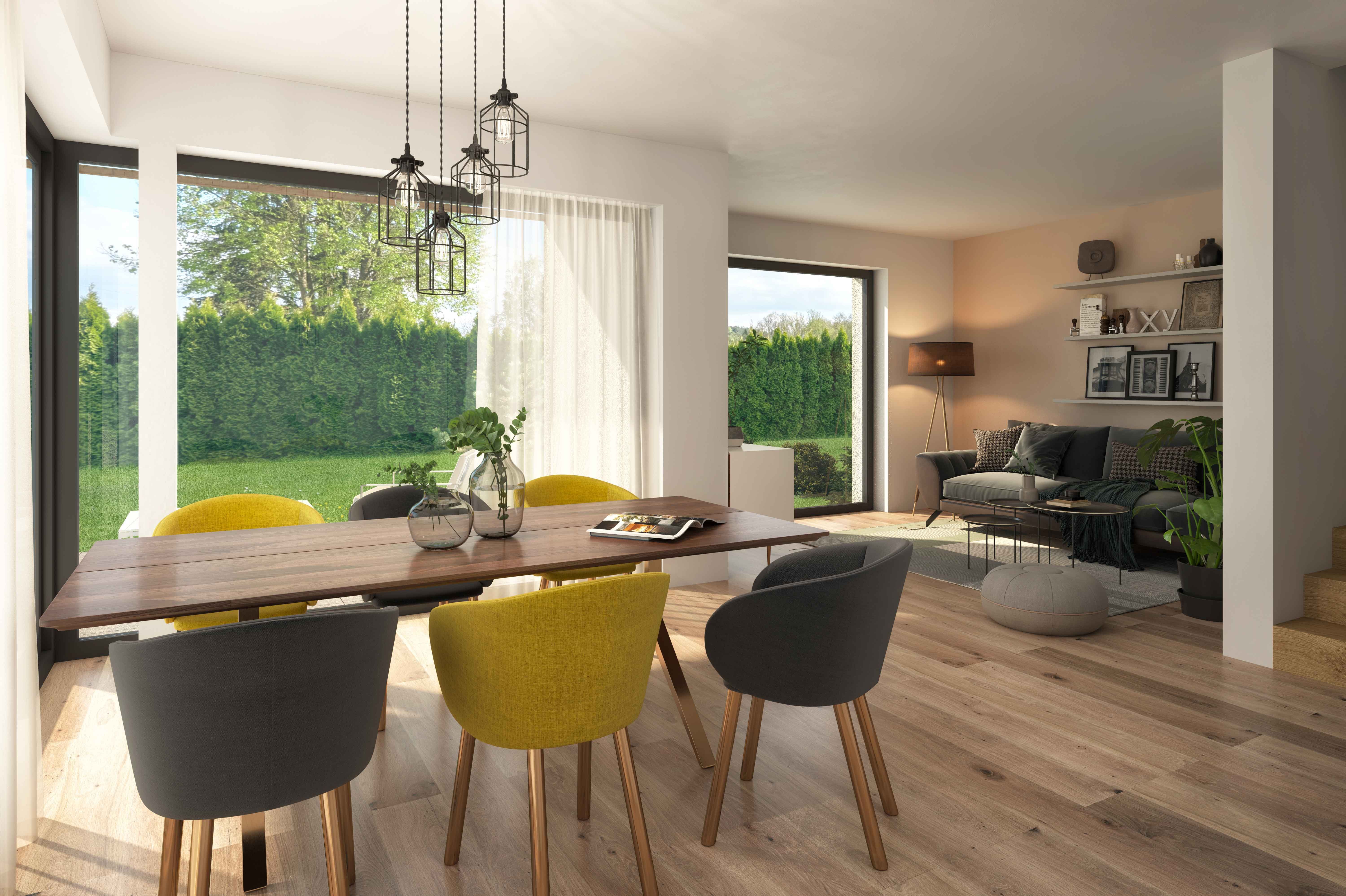 Visualisierung zeigt möglichen Wohnessbereich mit modernem Interieur.