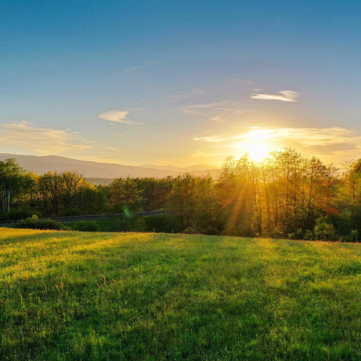Bild zeigt Grundstück vor Baubeginn mit Sonnenuntergang.
