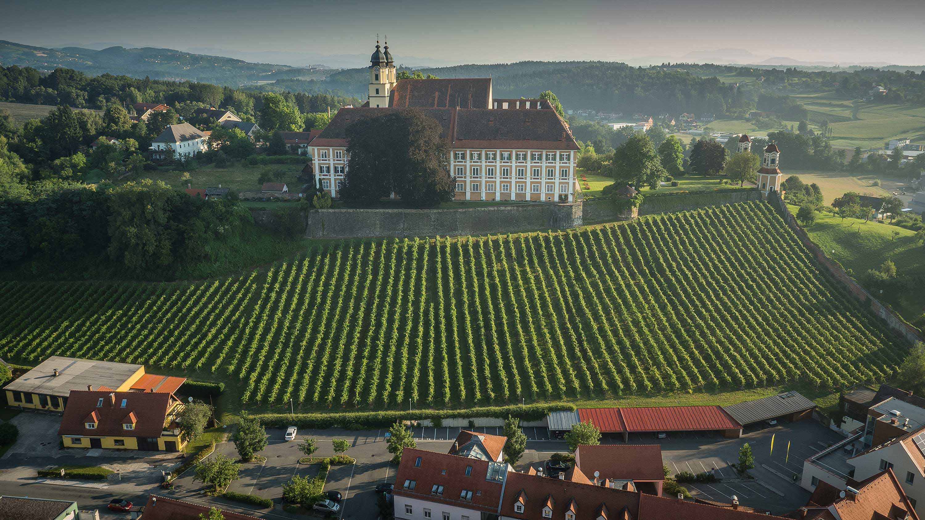 Drohnenfoto zeigt Blick auf Schloß Stainz und die umliegenden Weingärten.