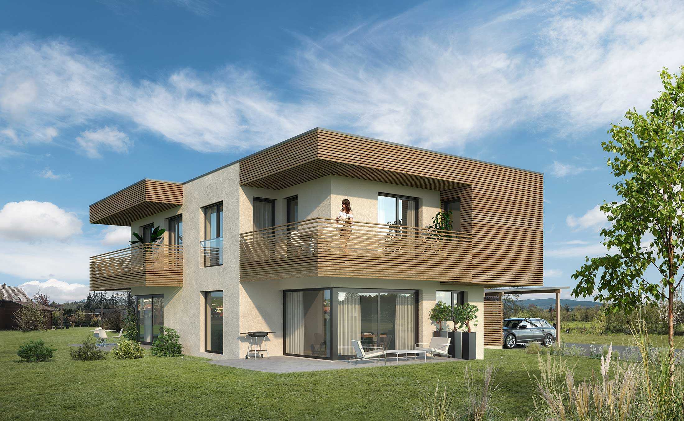 Visualisierung zeigt Seitenansicht des Hauses.